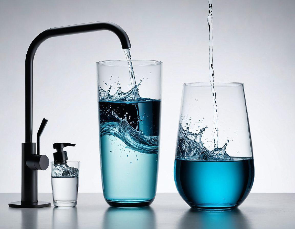 A dynamic collage of modern aqua products ranging from household filters to industrial water safety devices, showcasing innovative designs. Include elements like a clear water droplet symbolizing purity and safety, along with technicians evaluating water quality in a lab setting. Use vibrant colors to highlight the technology, with an abstract wave pattern in the background. super-realistic. vibrant colors. white background.