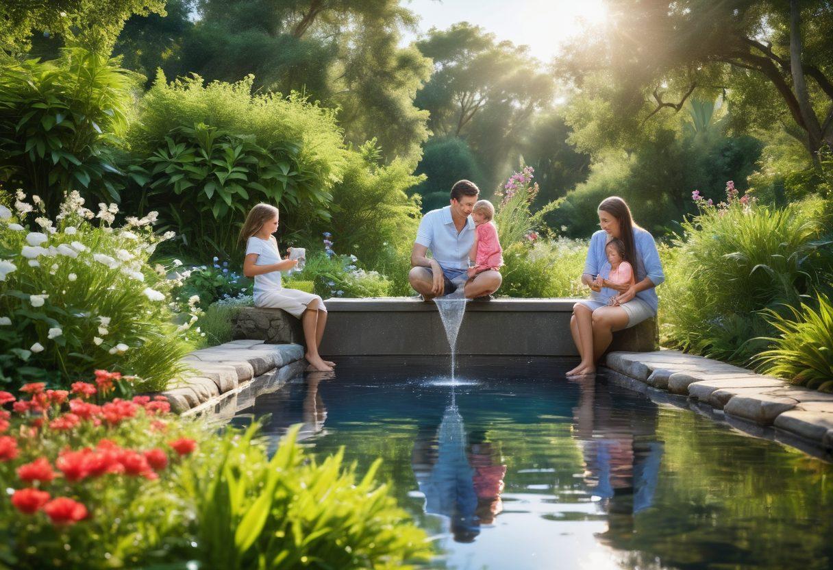 A serene landscape showcasing a crystal-clear water filtration system in action, surrounded by lush greenery and vibrant flowers. The scene features a family enjoying safe drinking water outdoors, with a bright blue sky above. In the background, advanced filtration technology is highlighted, emphasizing innovation and sustainability. Include visual elements like water droplets and a sparkling effect to symbolize purity. super-realistic. vibrant colors. natural setting.